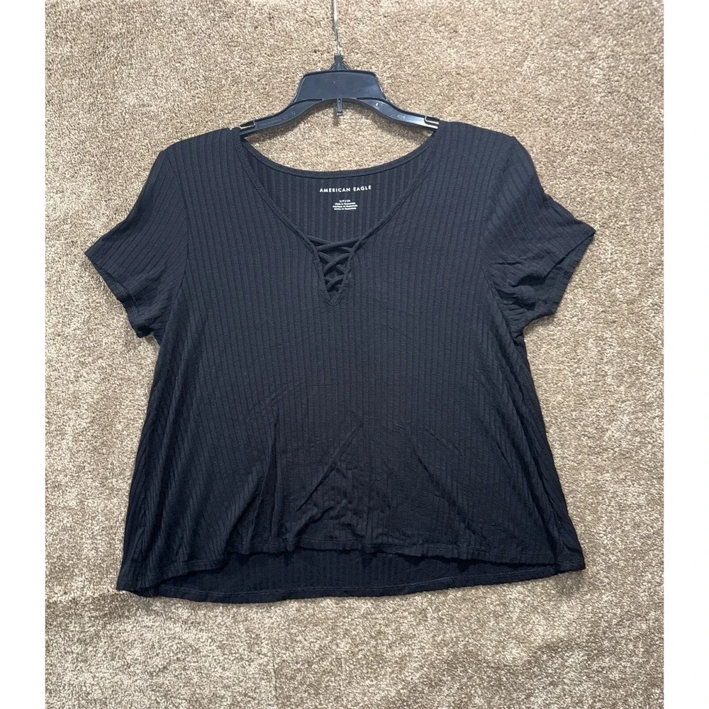 American Eagle Size Small Black V-Neck Short Sleeve Ribbed Knit Shirt - Picture 1 of 7
